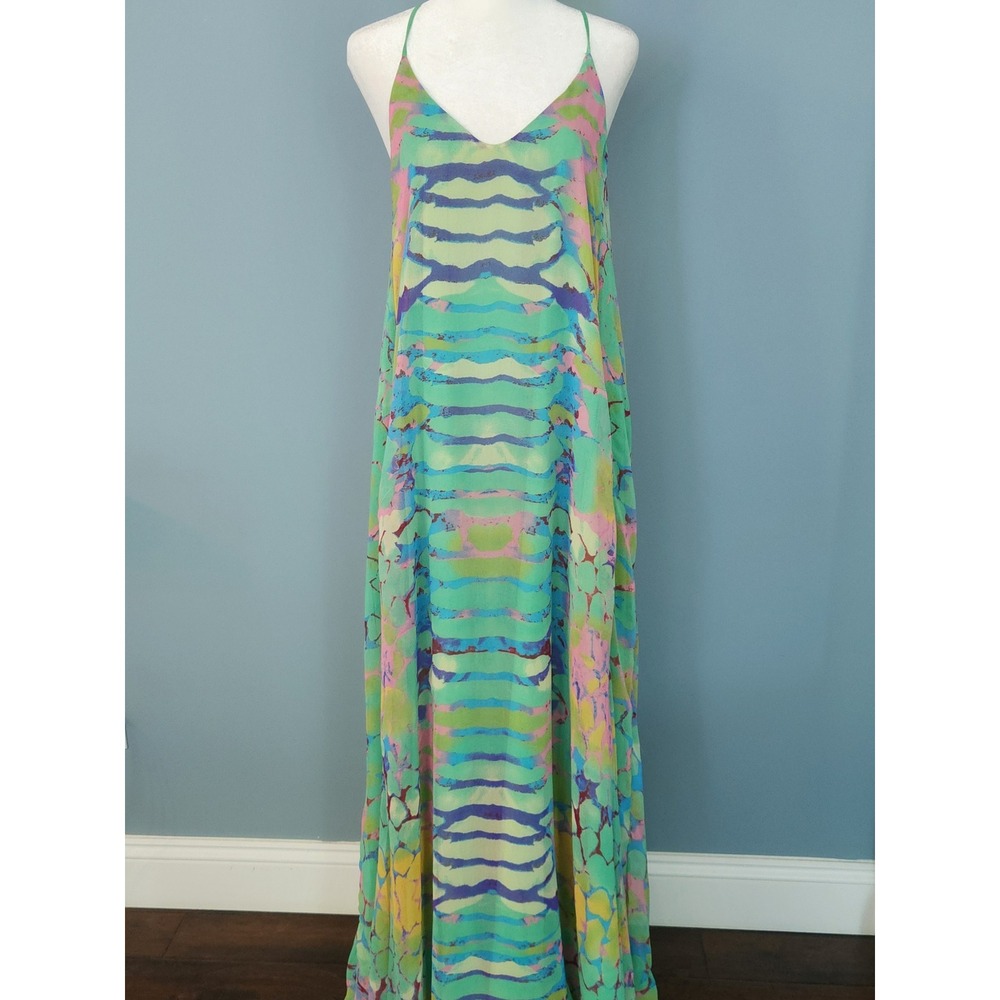 La Moda Maxi Dress Womens L/XL Green Multicolor Excellent Abstract Low Back